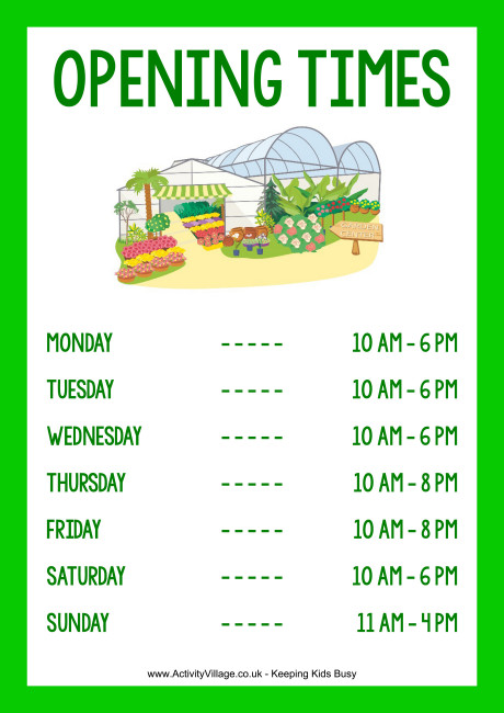 Greenfingers Garden Centre opening times poster