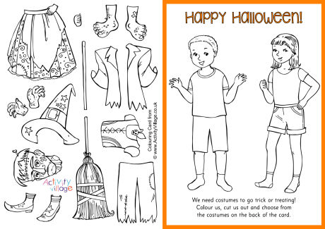 Halloween paper dolls colouring card