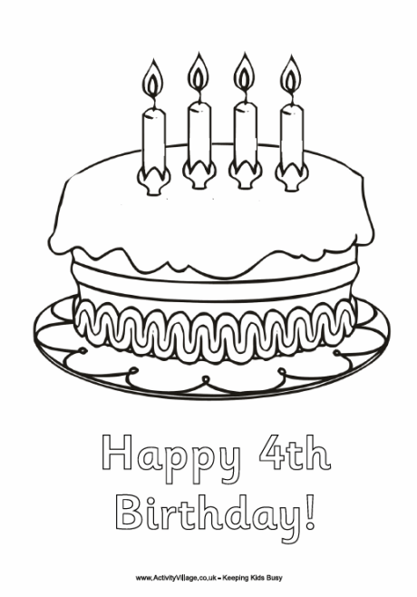 Happy 4th birthday colouring page