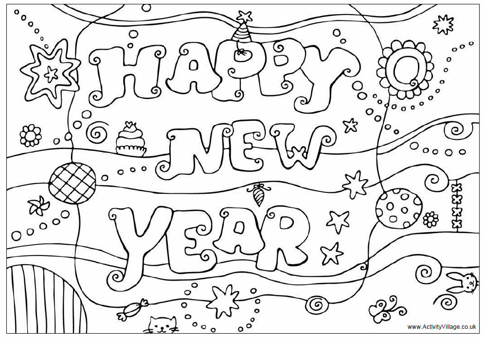 Happy New Year Colouring Design - Colouring Pages for Kids