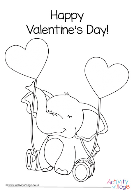 Happy Valentine's Day elephant colouring page