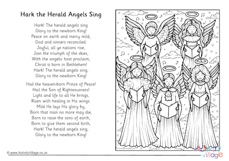 Hark the herald angels sing Christmas carol colouring page