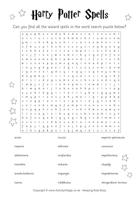 Harry Potter Spells Word Search