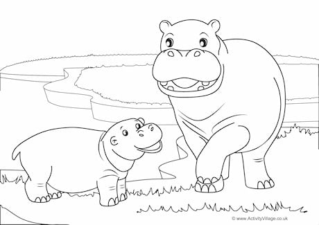 Hippos Scene Colouring Page
