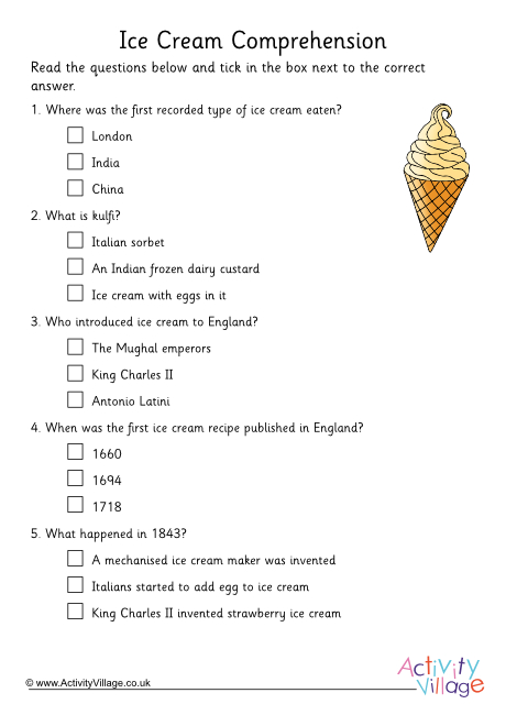 Ice Cream Comprehension Multiple Choice Ice Cream Comprehension Multiple Choice
