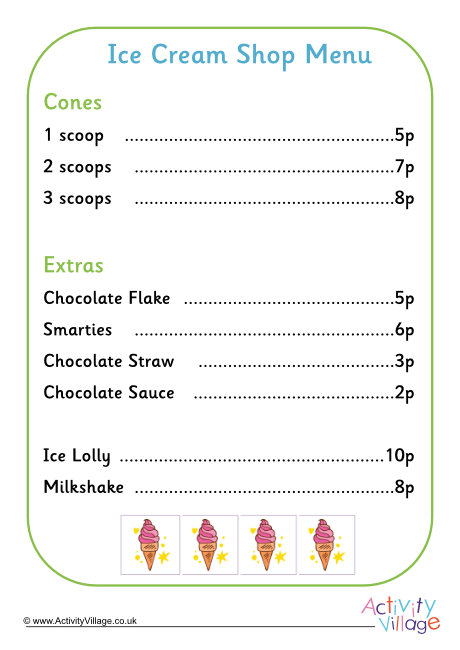 Ice cream shop menu worksheet set 1