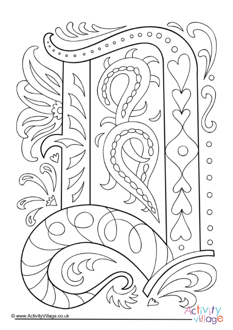 Illuminated letter D colouring page Illuminated letter D colouring page