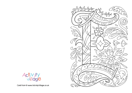 Illuminated letter E colouring card