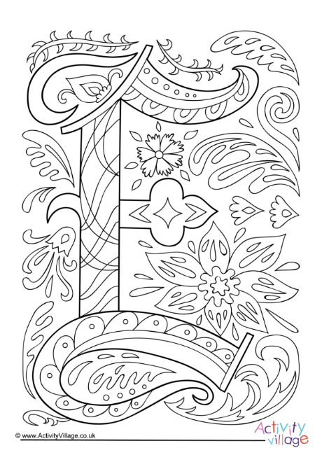 Illuminated letter E colouring page