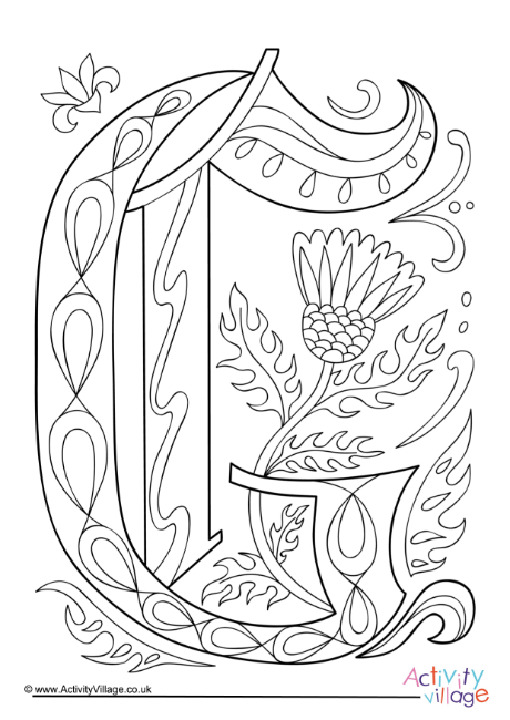Illuminated letter G colouring page