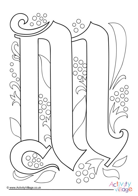 Illuminated letter M colouring page