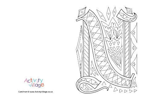 Illuminated letter N colouring card