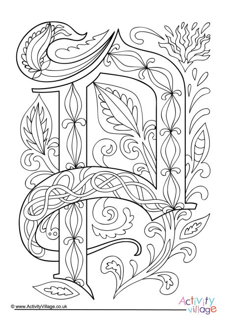 Illuminated letter P colouring page Illuminated letter P colouring page