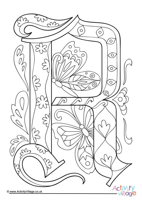 Illuminated letter R colouring page Illuminated letter R colouring page