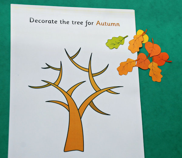 Decorate the tree for autumn page with leaf cut-outs