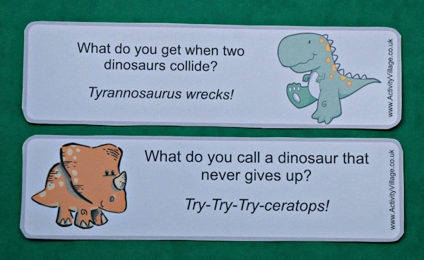 Dinosaur joke bookmarks from Activity Village