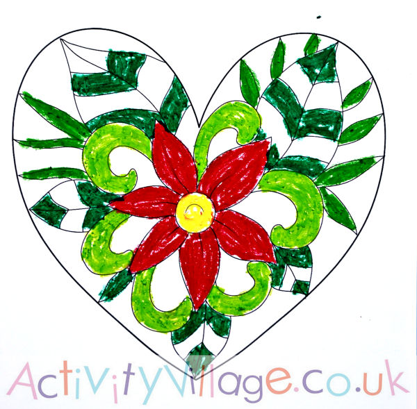 Heart colouring page with just oil pastels