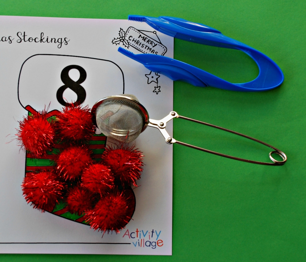 Christmas stocking counting using giant tweezers or a tea strainer