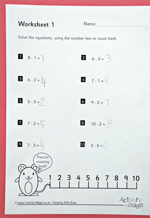 Subtraction worksheet with number lines