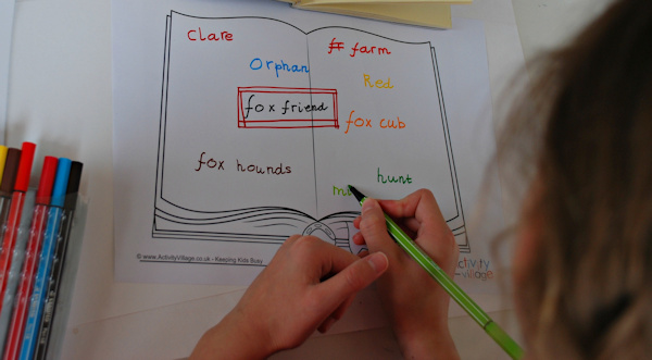 Using the book frame to write out the key words for a book summary