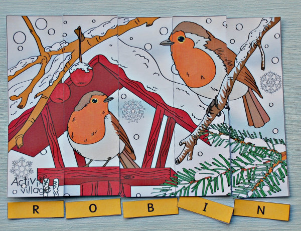 Winter robin word jigsaw, separated and put back together again