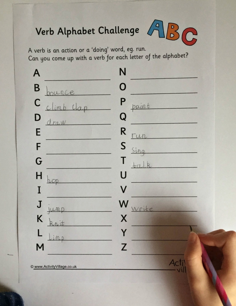 Verbs, Adverbs, Nouns and Adjectives Alphabet Challenge Pages