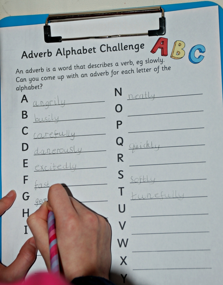 Verbs, Adverbs, Nouns and Adjectives Alphabet Challenge Pages