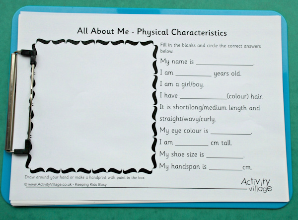 All About Me - Physical Characteristics printable