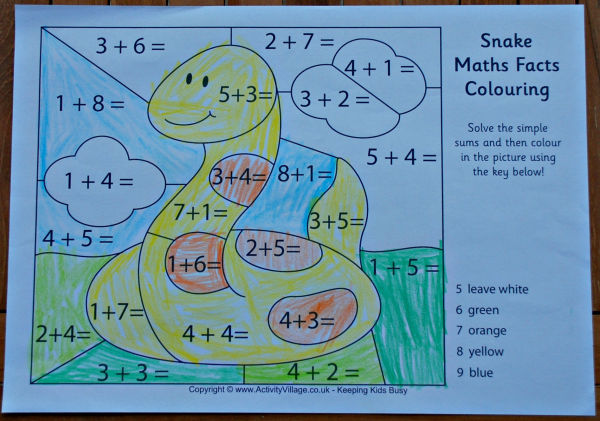 Snake maths fact colouring page, completed