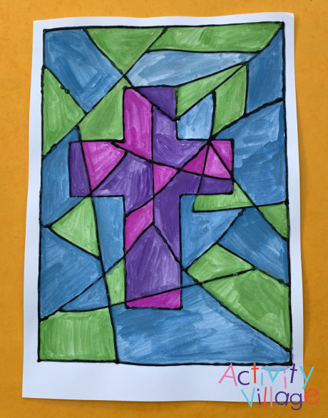 Using contrasting pinks and purples for the cross in this stained glass picture