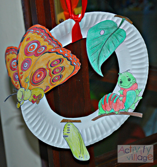 The butterfly life cycle wreath on display