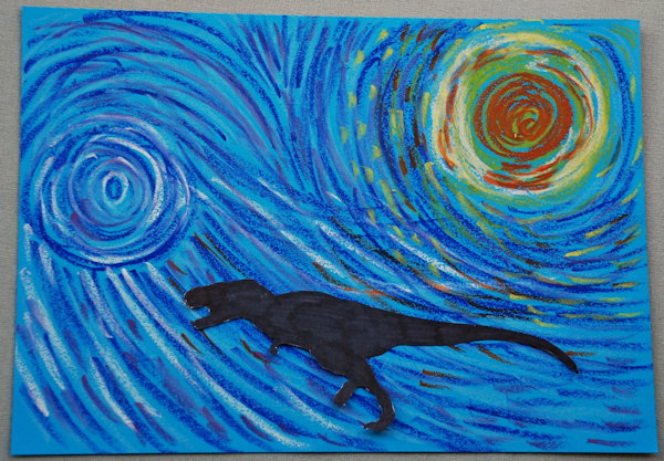 T-Rex against a Vincent van Gogh sky