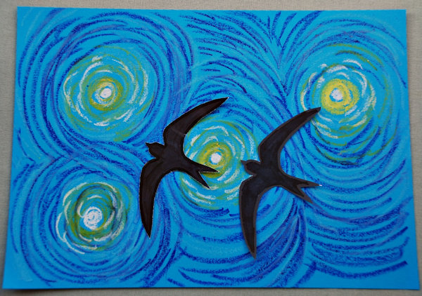 Swallows against a van Gogh sky