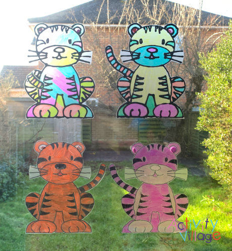 Tiger suncatchers on display on the window