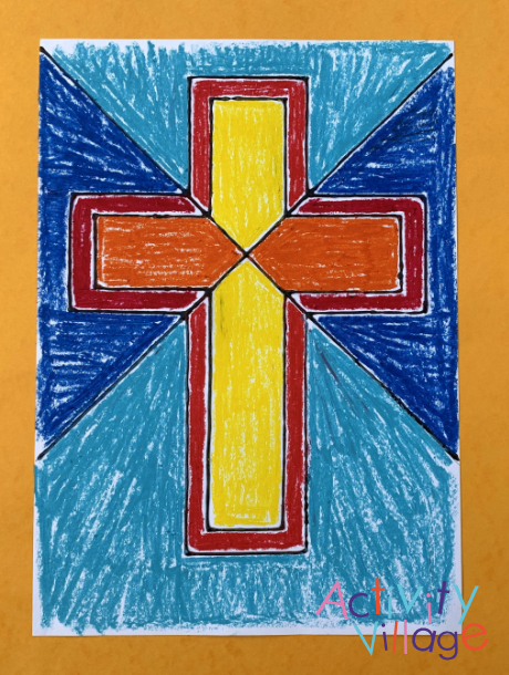 Using oil pastels with a simple stained glass cross outline