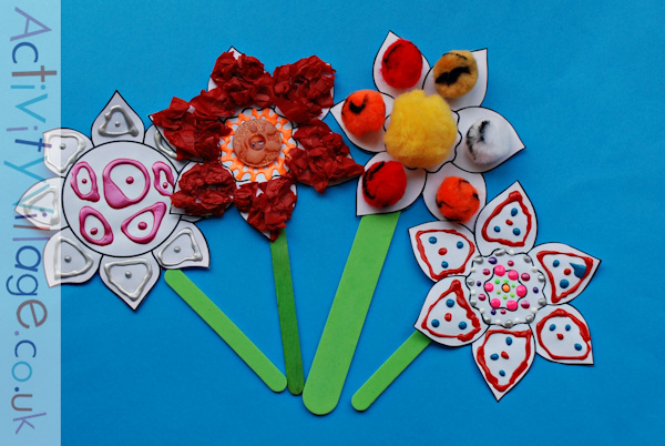 Puffy paint and collage flowers with stems