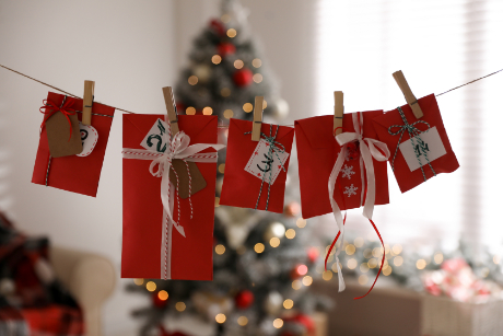 Advent Calendar envelopes pegged to a line