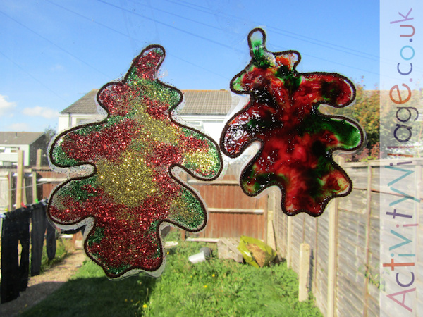 Autumn leaf suncatchers on display