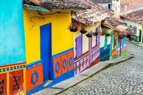 Colourful buildings in a street in Guatape, Colombia
