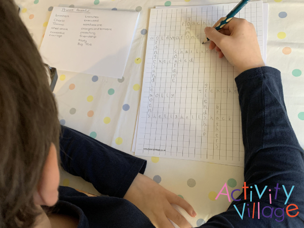 Setting out the words for his home-made Private Peaceful crossword