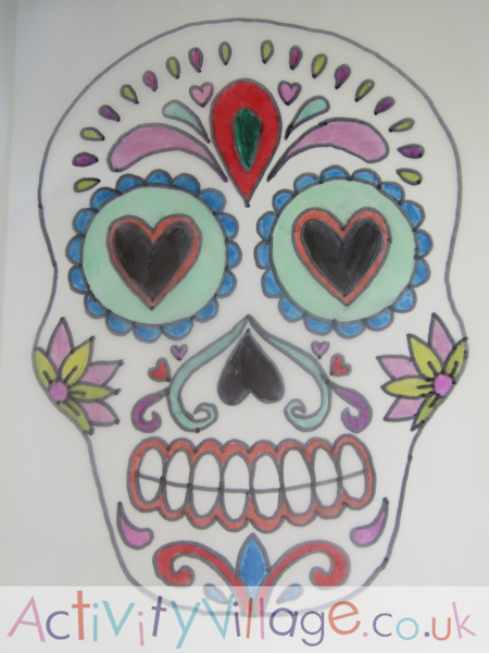 Day of the Dead suncatcher skull coloured and ready to cut out