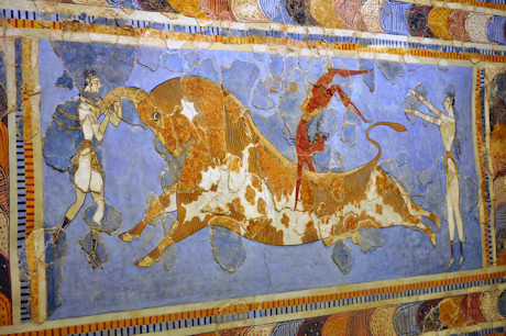 Frescoes of young Minoan men jumping over bulls, Knossos Palace, Crete
