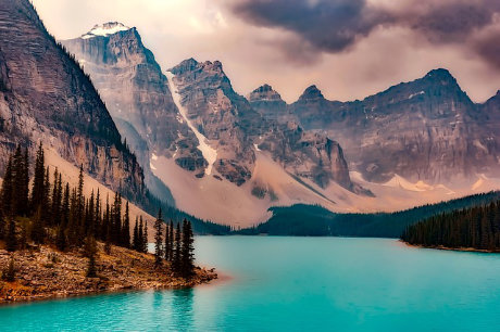 The beautiful Moraine Lake in the Valley of the Ten Peaks, Canada