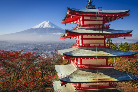 A beautiful pagoda with Mount Fuji in the distance