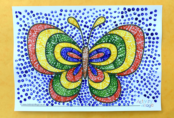 One finished dotty butterfly using a colouring page