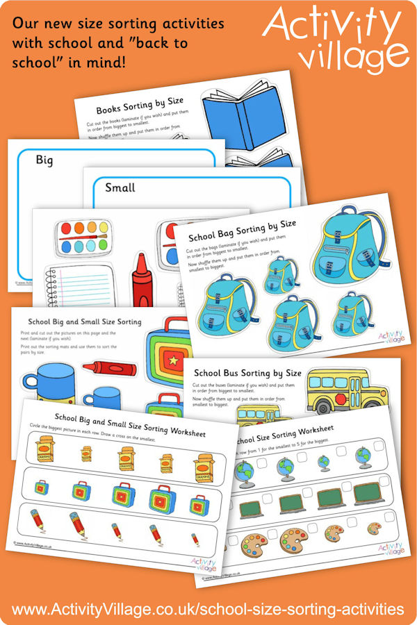 Activity Village's new size sorting activities, with school and "back to school" in mind!