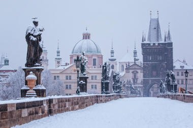 Snow on Charles Bridge, Prague, capital city of the Czech Republic