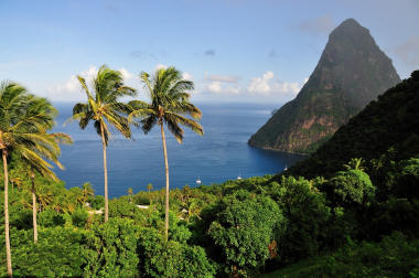 Volcanic mountain - Piton - by the sea in St Lucia