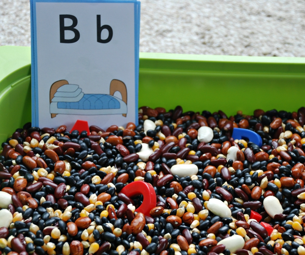 Using our alphabet flash cards in a sensory tub made of mixed beans