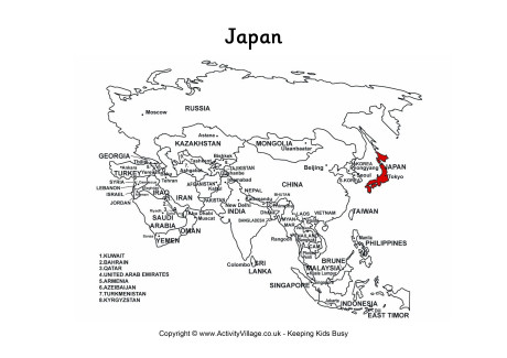 Japan on map of Asia